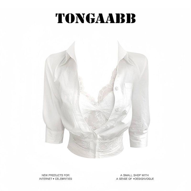 

Tongaabb Waist Hugging Lace Slim fit Shirts Slimming Elegant Sexy Style Fashion Cropped Chic Top White S