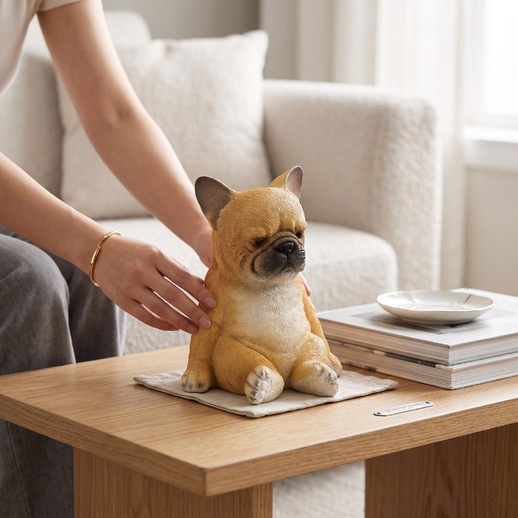 Sitting Dog Statue Resin Pet Ornament Sad Face French Figurine for Home Desktop Decoration