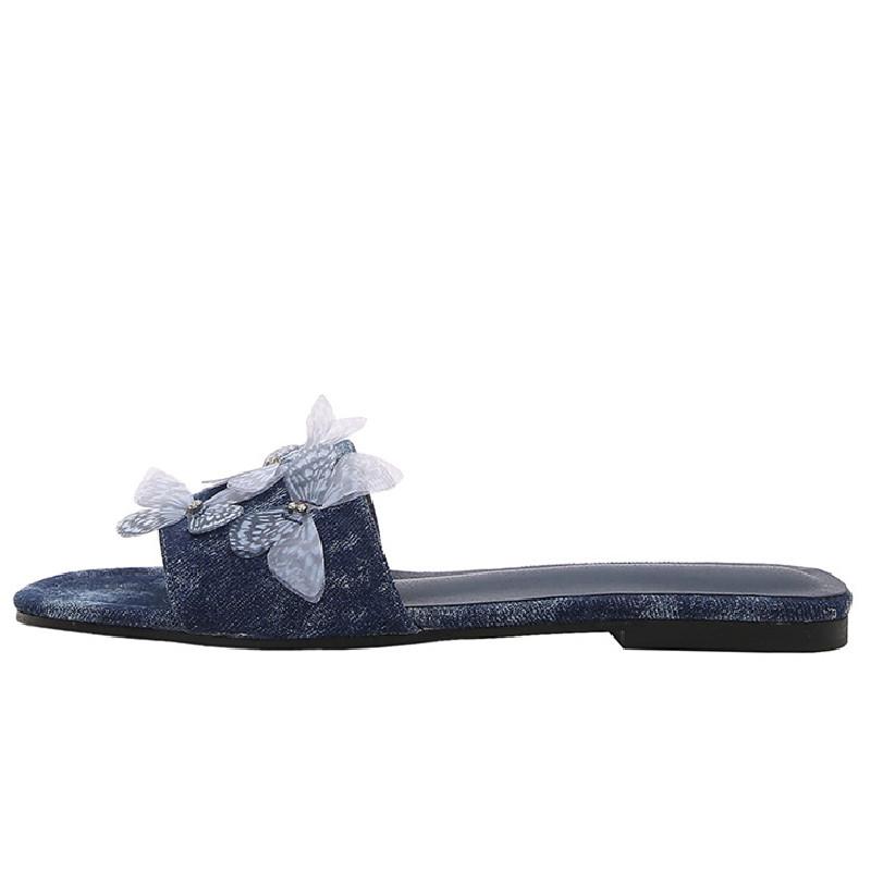 Fashion Denim Butterfly Decoration Flat Sandal Round Toe Open Toe Designer Slippers Summer Fashion Comfortable Big Size Beach Women Shoe