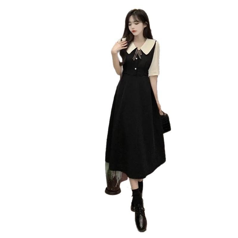 Robe ajustée grande taille style rétro français à col poupée avec jupe patchwork