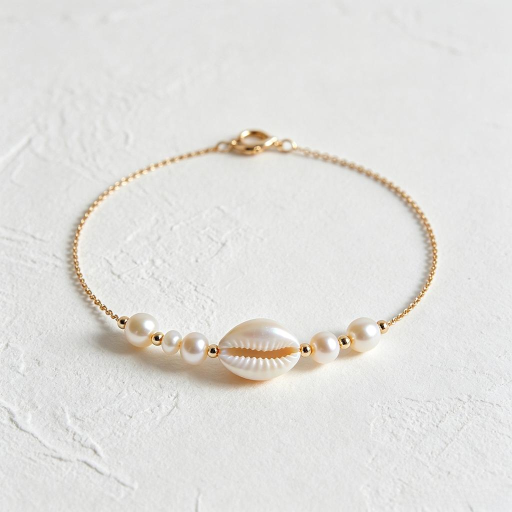 Custom Classic Gold Plated Brass Cowrie Shell & Pearl Unisex Bracelet for Ocean-Inspired Summer Jewelry