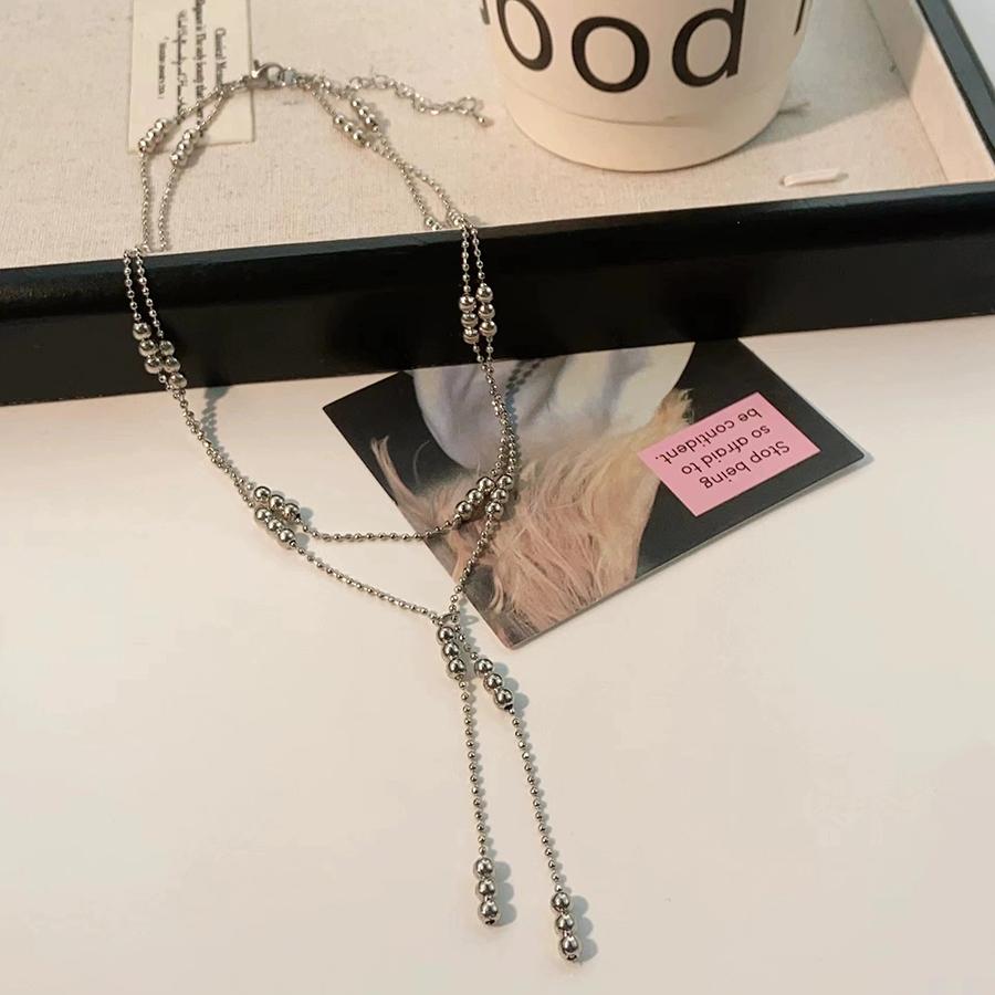 Double Layered Silver Color Bead Necklace Simple Thin Chain Round Beads Tassels Trendy Design Collarbone Chain Women's Jewelry