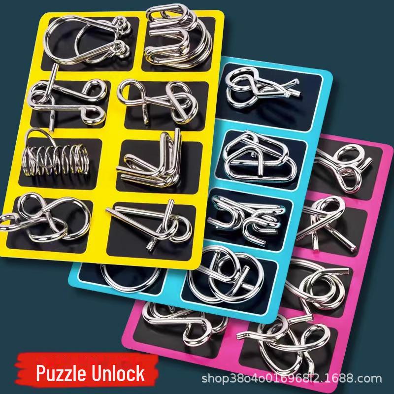 Nine-Link Luban Lock Puzzle Metal Buckle Set - 8-Piece Ring Unlocking Toy Set Box