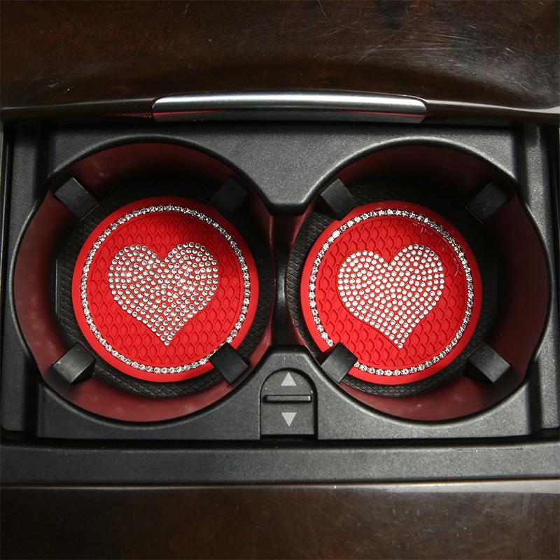 2pcs Car Coaster Diamond Heart Shape Water Cup Bottle Holder Anti-slip Pad Silica Gel Waterproof Mat Car Interior
