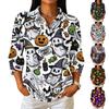 Damen Casual Dreiviertelarm Knopfleiste Bluse mit Halloween-Print und Kragen