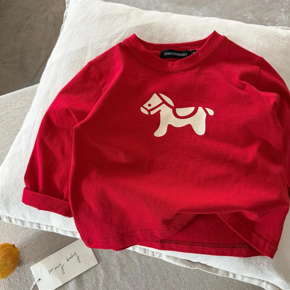 Boys Spring Long Sleeve Cotton Undershirt with Pony Print Casual Top