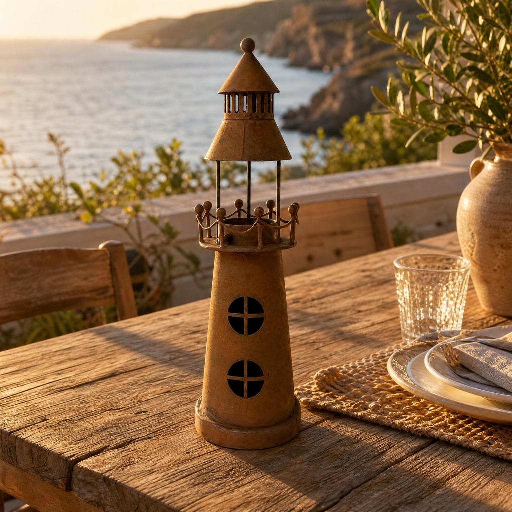 Metal Lighthouse Candle Holder with Rusted Finish Rustic for Mantel, Entryway