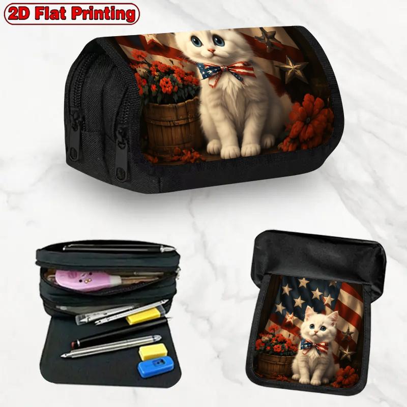 1pc Patriotic Kitty Red Design Double Layer Flip Pencil Case-2D Printing, Large Capacity Zipper Closure, Suitable for Schools, Offices and Travel, Ide