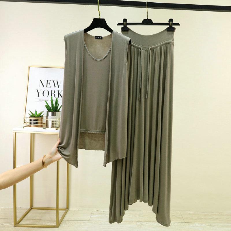 Plus size M to 6XL Modal Pajamas sets Summer Layering Vest Cardigan Top with strawstring Long Skirt Fashion Versatile 2 Piece Outfit