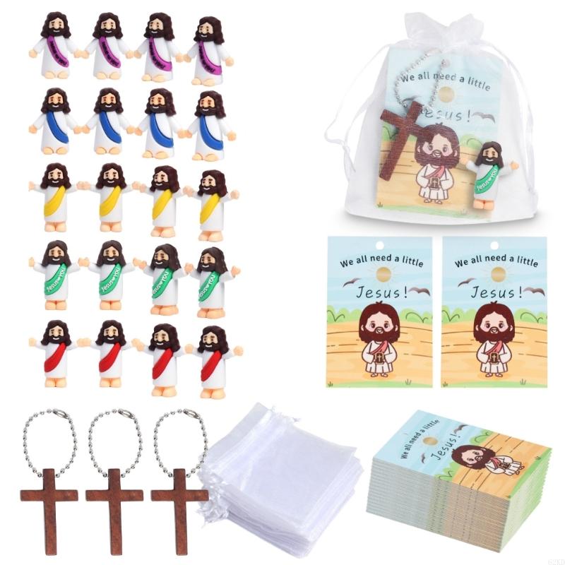 62KD Classroom Faith Activity 20 Set PVC Savior Figurines Crosses Prayer Cards Bags