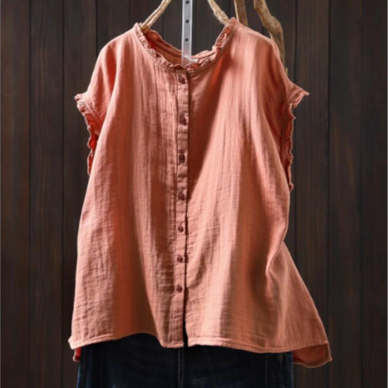 Johnature Camisetas sin Mangas Vintage de Algodón para Mujer Cuello Redondo Color Sólido Verano Botones Sin Mangas Holgadas Suaves Casual Camisetas sin Mangas