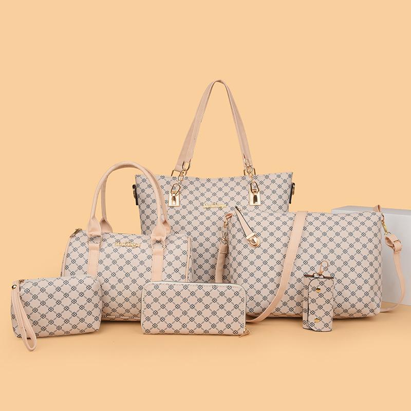 New Women's Large-capacity Mother and Child Bag Six-piece Fashion Printing Handbag Contrasting Color Plaid Shoulder Bag Messenger Bag