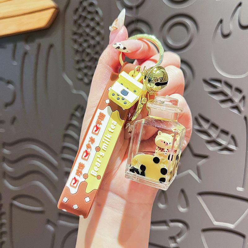 Floating Oil-Filled Bear Milk Tea Cup Keychain - Cute Backpack Pendant for Couples
