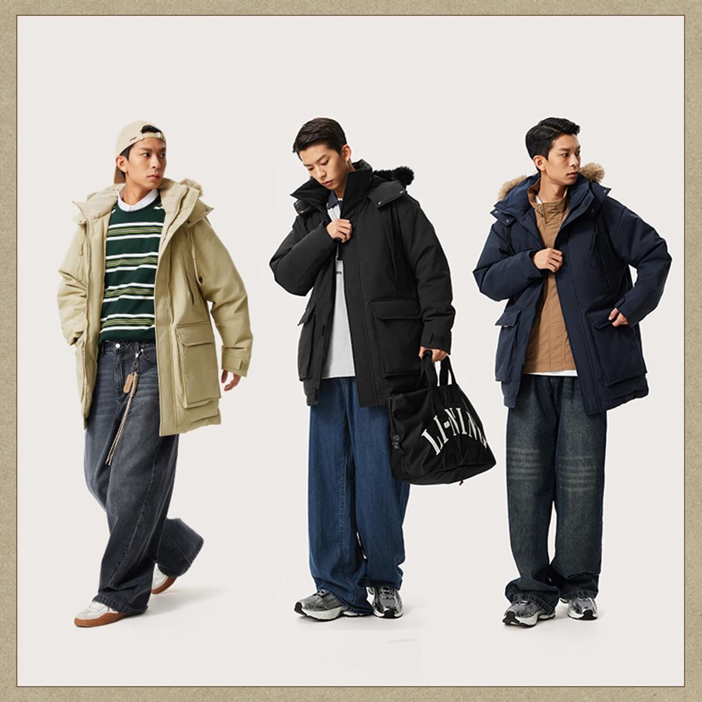 Li Ning Sports Trend Series Solid Color Hooded Zipper Cold Resistant Winter Outdoor Mid-Length Down Jacket Men Outerwear Black AYMU361-1