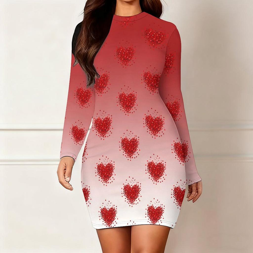 Podzim a zima 2025 Nové dámské módní šaty s 3D potiskem a barvením s motivem srdce, s dlouhým rukávem, kulatým výstřihem, obepínající boky, limitovaná edice ke Dni svatého Valentýna