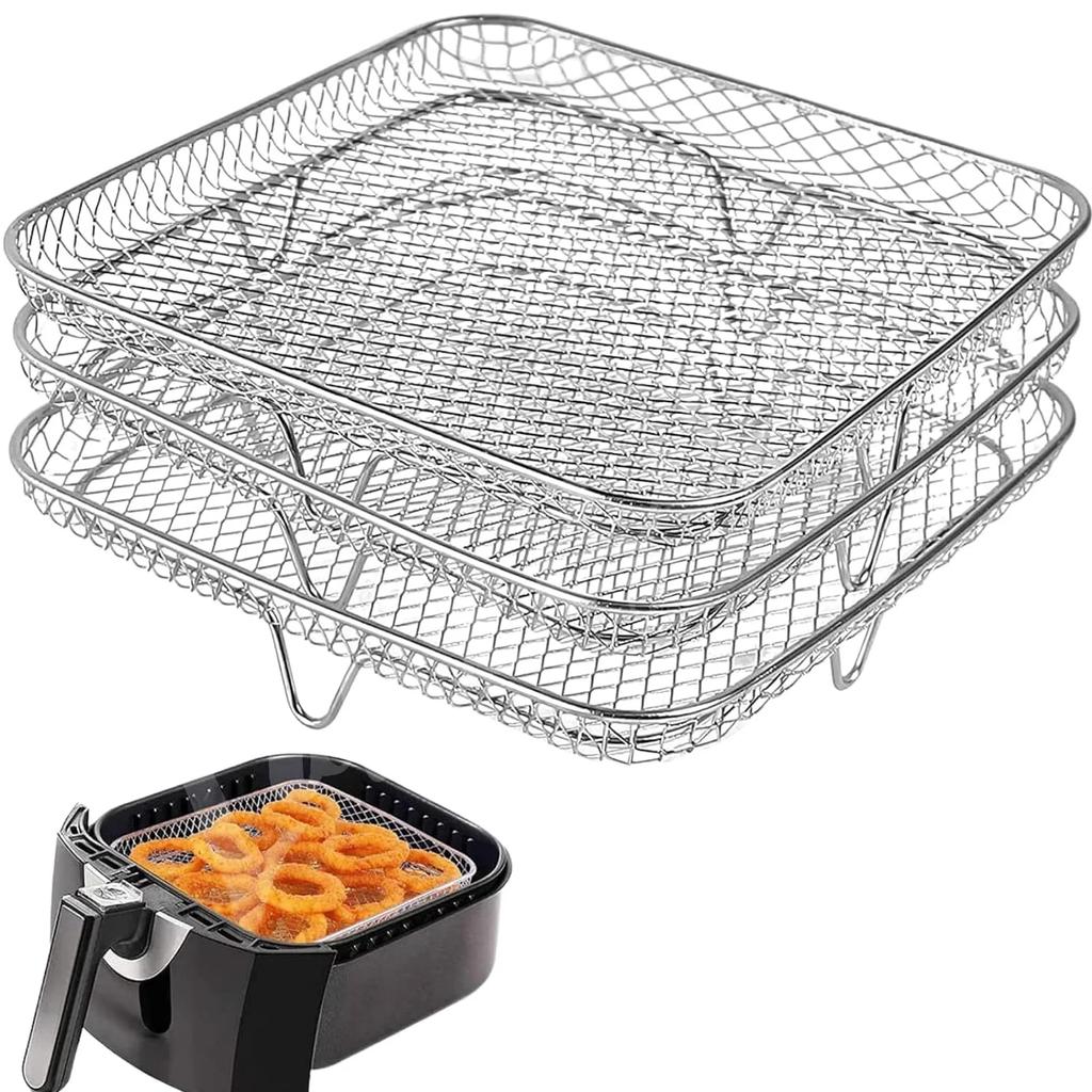 Three Stackable Air Fryer Stainless Steel Basket Tray Rack Ovens Racks Air Fryer Accessories Kitchen Gadgets Baking Tools