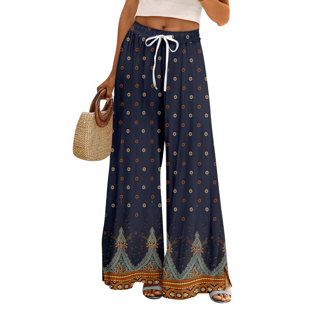 Damen Sommer Boho Palazzo Hose Hohe Taille Weites Bein Blumendruck Freizeithose Mit Taschen