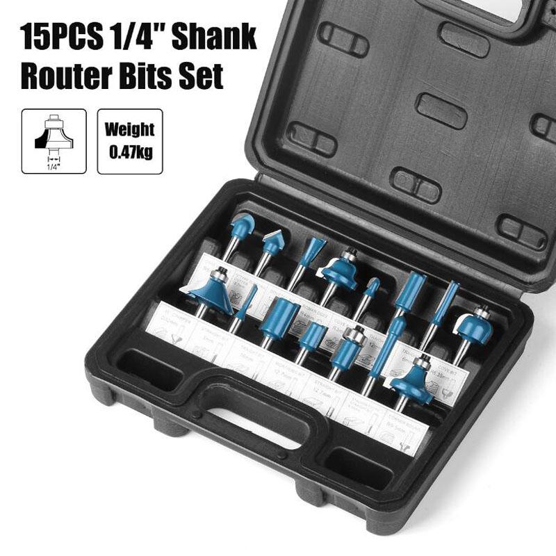 

Набор из 15 фрез с хвостовиком 1/4 для деревообработки, обрезки кромок, фрезы с прямым торцом для дерева, вольфрамовые фрезы с ЧПУ 6.35mm shank with box синий