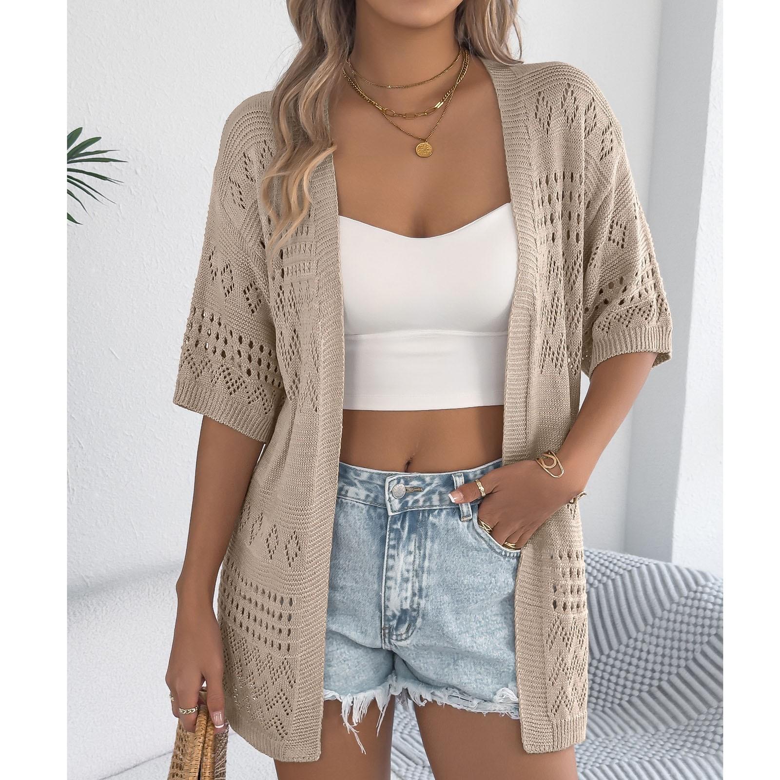 

Женский повседневный и модный однотонный вязаный кардиган с вырезом и средним рукавом M хаки