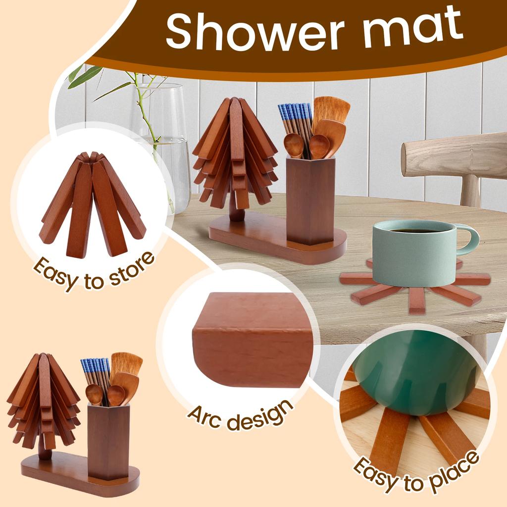 Tree Trivet Set Wooden Foldable Kitchen Trivet with Utensil Holder Heat Resistant Desktop Protective Pad for Hot Dishes Pot Bowl