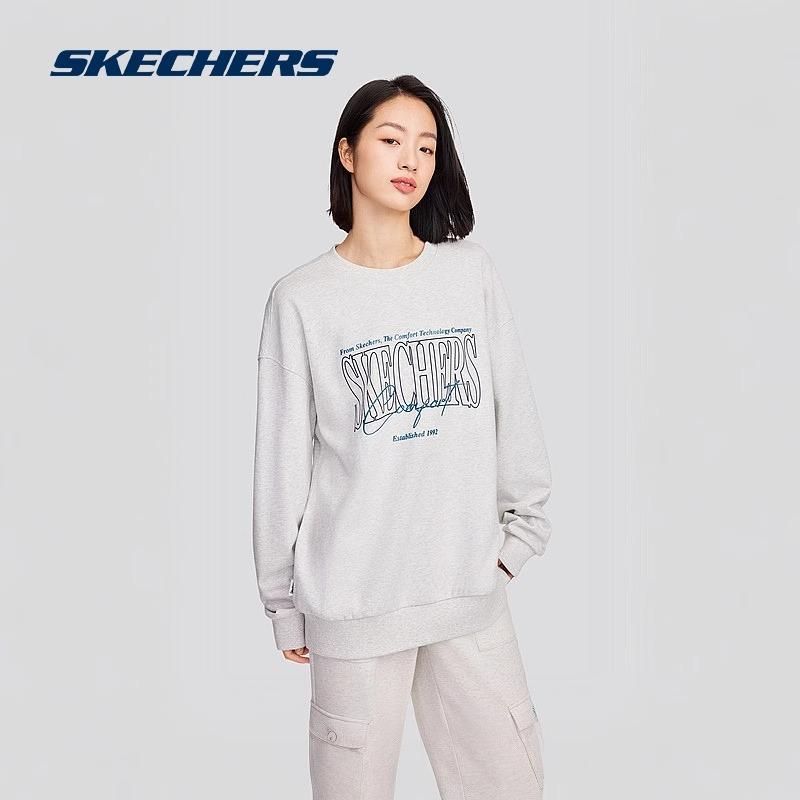Skechers Pullover Loose Comfortable Round Neck Long Sleeve Sweatshirt Unisex Sweatshirt Light-White Gray L324U059-0248