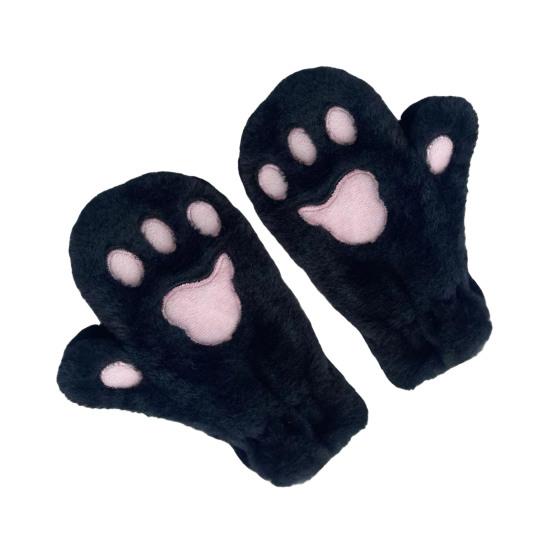 1 Pair Women Winter Mittens Cartoon Cat Paw Shape Thick Plush Anti-slip Heat Retention Outdoor Skiing Cycling Gloves