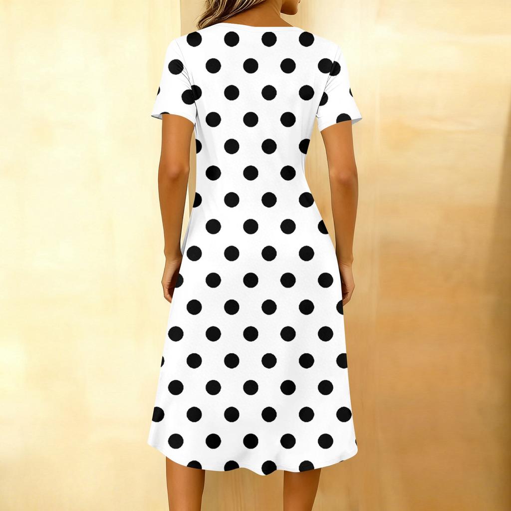 Vestido Casual Feminino Moderno Estampado Retrô Gola Redonda Manga Curta Botão na Gola Comprimento Médio