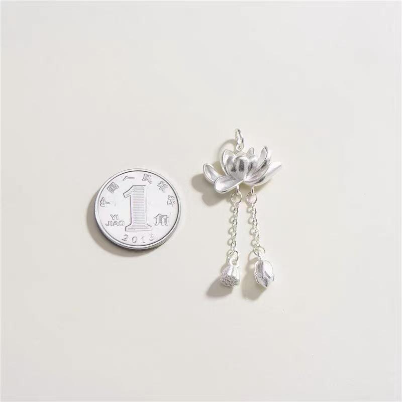 Sterling Silver Lotus Tassel Pendant - Chinese Style DIY Braided Rope Necklace Ornament