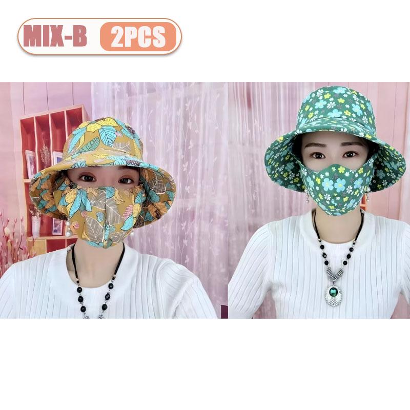 1-2PCS Women‘s Sun Hat with Face Mask Floral Leaf Pattern Wide Brim UV Protection for Outdoor Hiking Gardening Beach