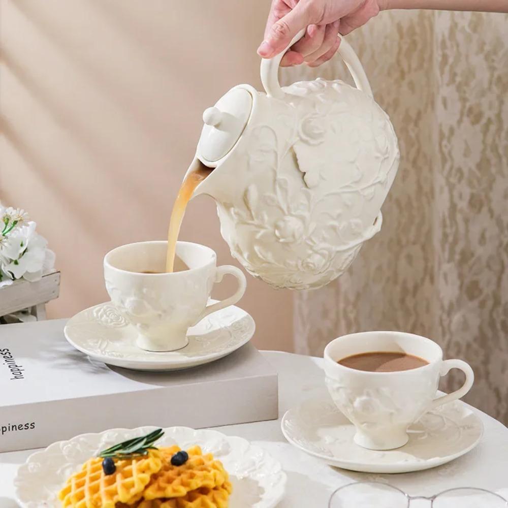 Rose Emboss Ceramic Teapot Black Tea Cup Saucers Set Retro Afternoon Tea Coffee Cup Saucer Couple Cup Set Home Drinkware Mug
