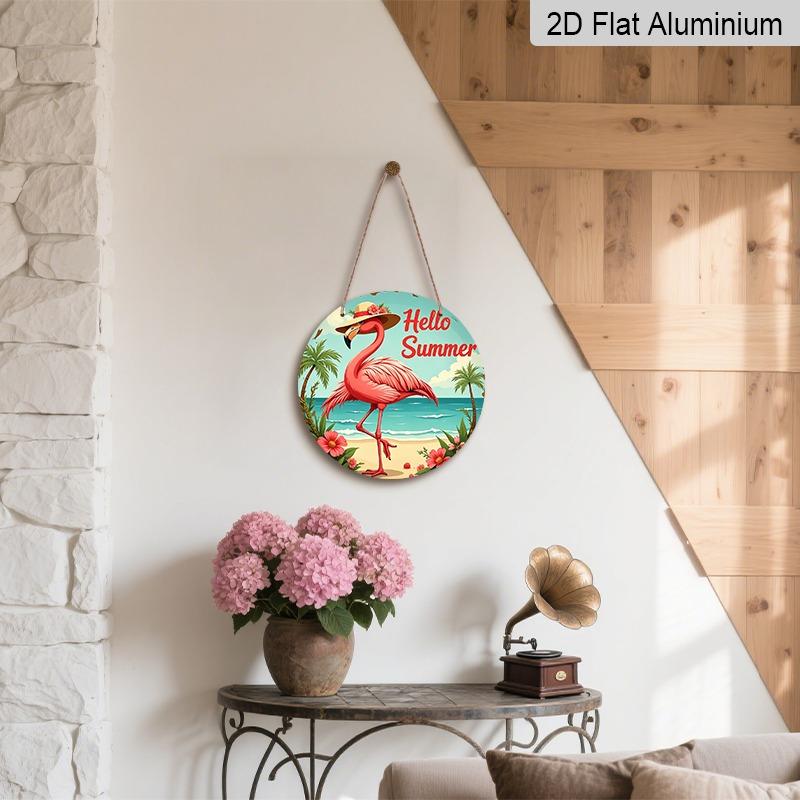 2D Flache Aluminium-Dekoschilder und -Plaketten im Sommer-Thema in verschiedenen Größen. Wanddekorationen mit Flamingomuster und Sonnenhüten, Sommer-Bauernhaus-Stil