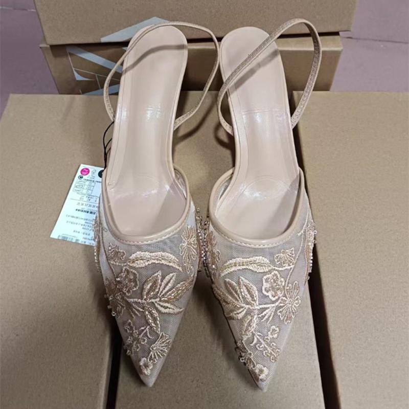 Mesh Flowers Embroided Women Pumps Elegant Pointed toe Beading Thin High heels Summer Slingbacks Ladies Wedding Shoes
