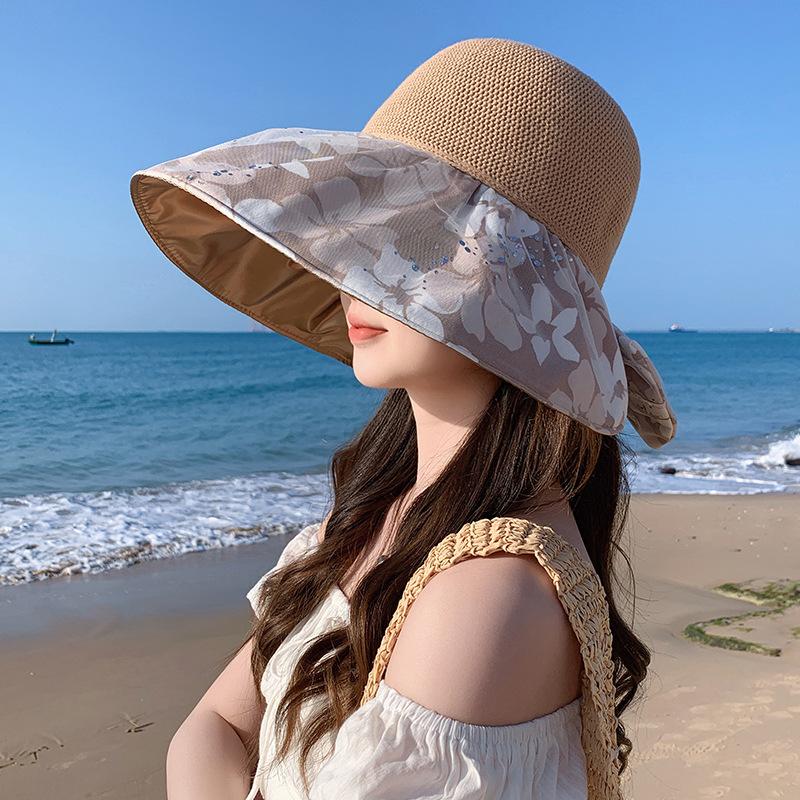 Ladies sun hat color glue printing mesh sequin knitted sun hat sun protection breathable big edge bucket hat