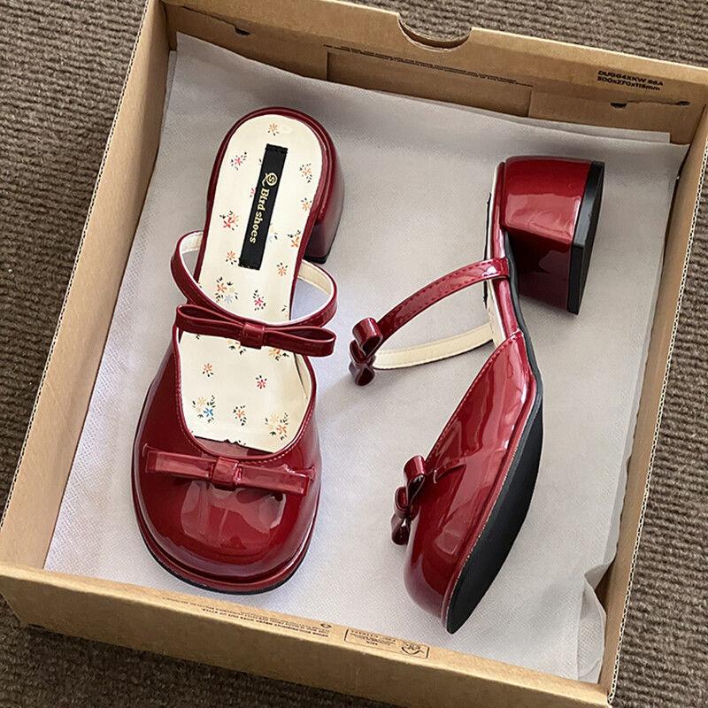 Fairy style bow wedge single shoes women's outer wear 2025 new open-toed square head with skirt temperament slippers tide