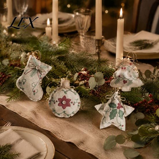 Linen Hanging Ornaments for Holiday Burlap Christmas Ornaments, Rustic Fabric Decoration, Tree Ball Stocking Farmhouse Star Shaped Vintage Pendant
