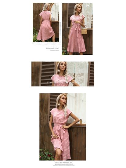 2026 Summer Polka Dot Pleated Lace-up Dress - Mid-length Casual Short-sleeved Style for European and American Markets