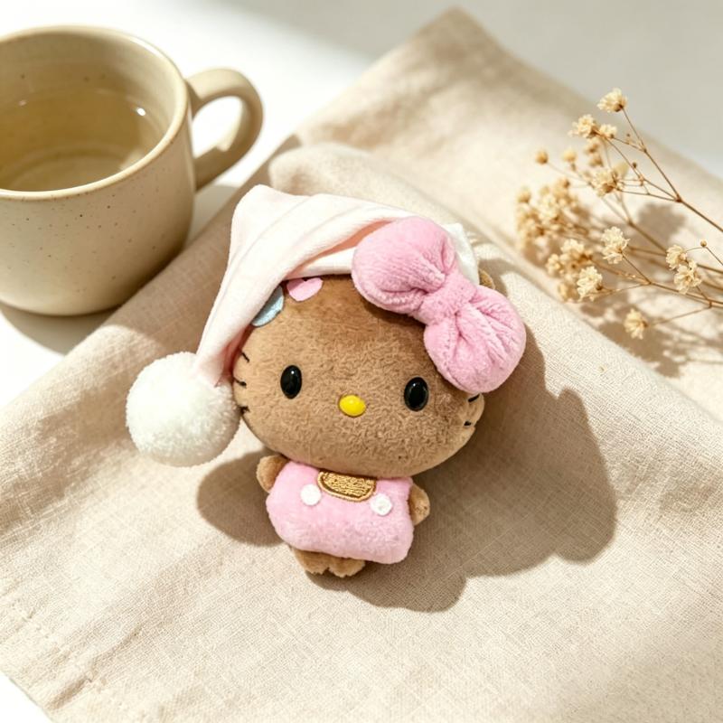 Dark Skin Hello Kitty Plush Keychain Pink Nightcap Bow Doll Backpack Pendant Cute Stuffed Ornament Birthday Gift