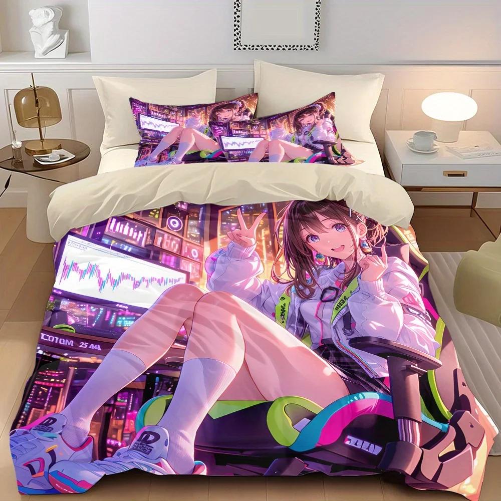 

Набір стьобаної ковдри з принтом аніме-дівчини - Включає 1 підодіяльник і 2 наволочки (без наповнювача) (135x200cm)