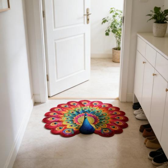 Tapete de Chão Estampa Pavão 3D Macio Antiderrapante Decorativo Tapete Casa Sala de Estar Quarto Porta Fácil de Limpar Carpete