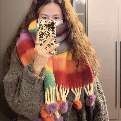 Winter Soft Warm Scarf Women Fashionable Plush Colorful Striped Scarf Versatile Mohair Couple Shawl Long Vintage Scarf Shawl
