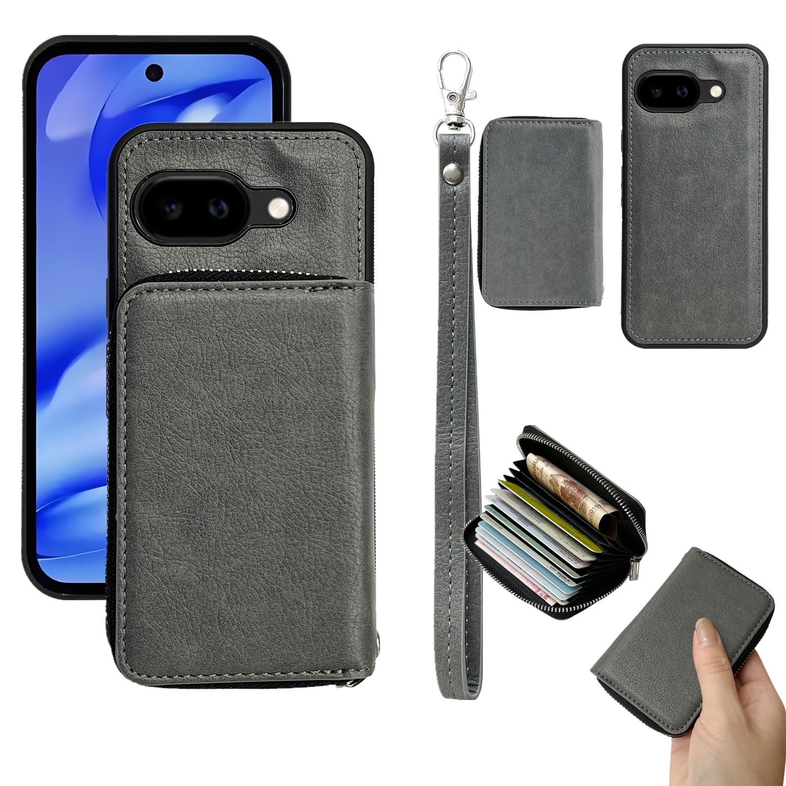 

For Google Pixel 9a Case Detachable Zipper Card Bag PU TPU Kickstand Phone Case with Strap Grey