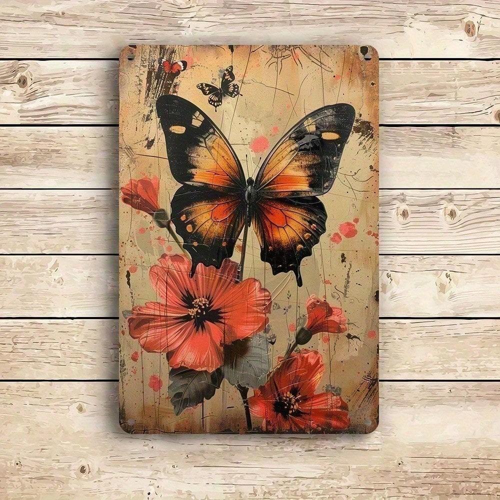 Vintage Butterfly Metal Tin Sign, Retro Wall Art Aluminum Plaque for Home Garden Bedroom Living Room Decor, Pre-Drilled Holes