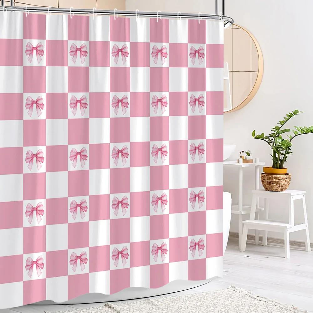 Pink Cute Bow Shower Curtain Fashion Stripe Plaid Girls' Holiday Gift Polyester Fabric Shower Curtains Bathroom Decor With Hooks