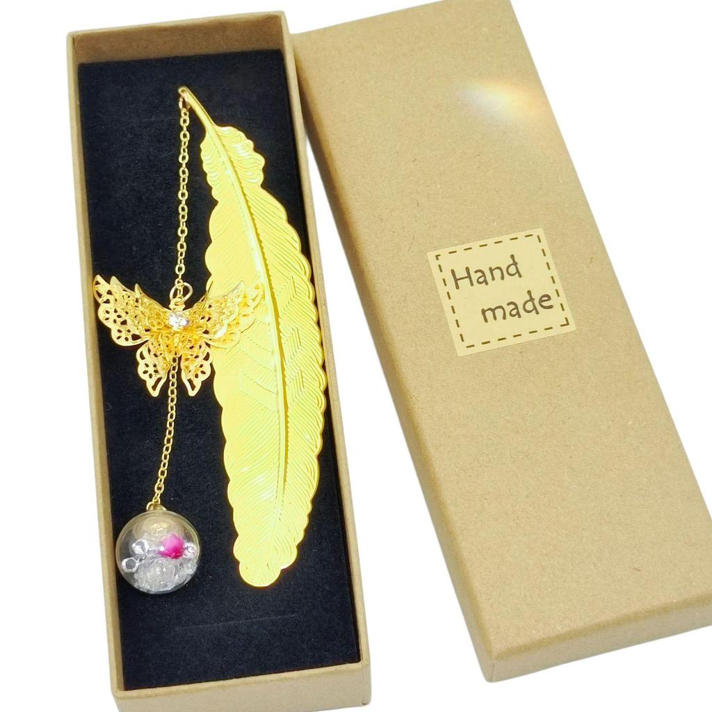 Chinese Style Dried Flower Bookmark with Feather, Metal Butterfly & Tassel - Ideal Teacher's Day Gift