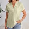Women's Fashion Solid Color V Neck Button Pocket Short Sleeved Shirt Cotton Casual  T-shirt Top