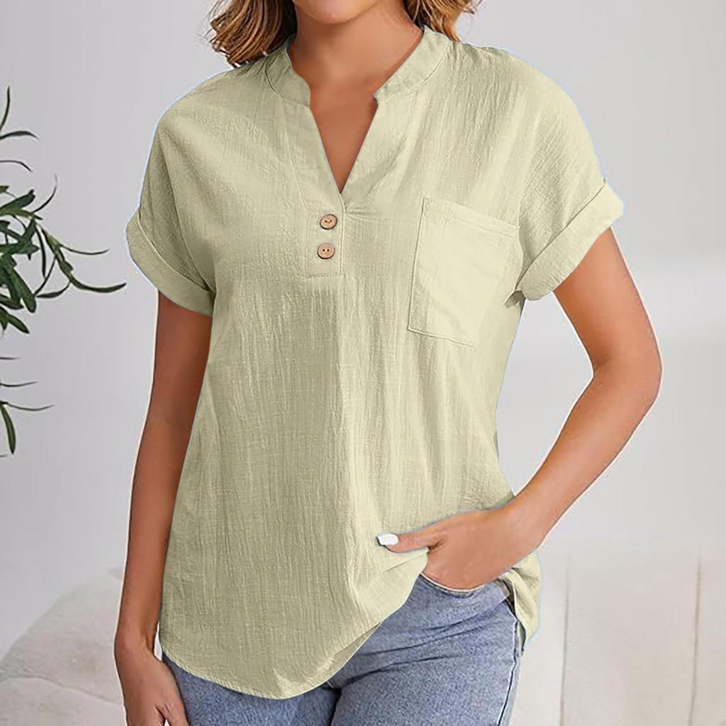 Women's Fashion Solid Color V Neck Button Pocket Short Sleeved Shirt Cotton Casual  T-shirt Top