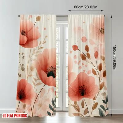 2pcs Watercolor Poppy Floral Printed Curtains Designed for Light Filtering Quality Material Ideal for Daily Home Window Deco