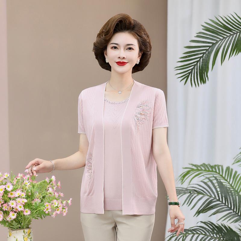 

Mom s Stylish Spring Knit Cardigan Set for Middle-Aged & Elderly Women - Long-Sleeve Sweater Top for Spring & Autumn XL (Recommended 60-67.5kg) розовый
