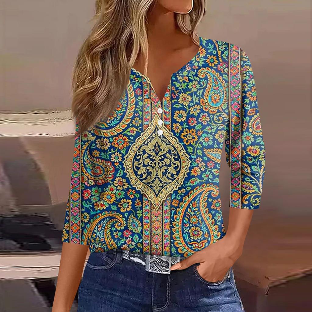 Women's T Shirt Tee Printed Button Short Sleeve Tunic Daily Weekend Fashion Basic V- Neck Regular Top