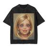 Distressed Doll Face Graphic Print Funny Meme Harajuku Fashion Tshirt Women Men Vintage Washed Oversized Top Cotton Summer Tees